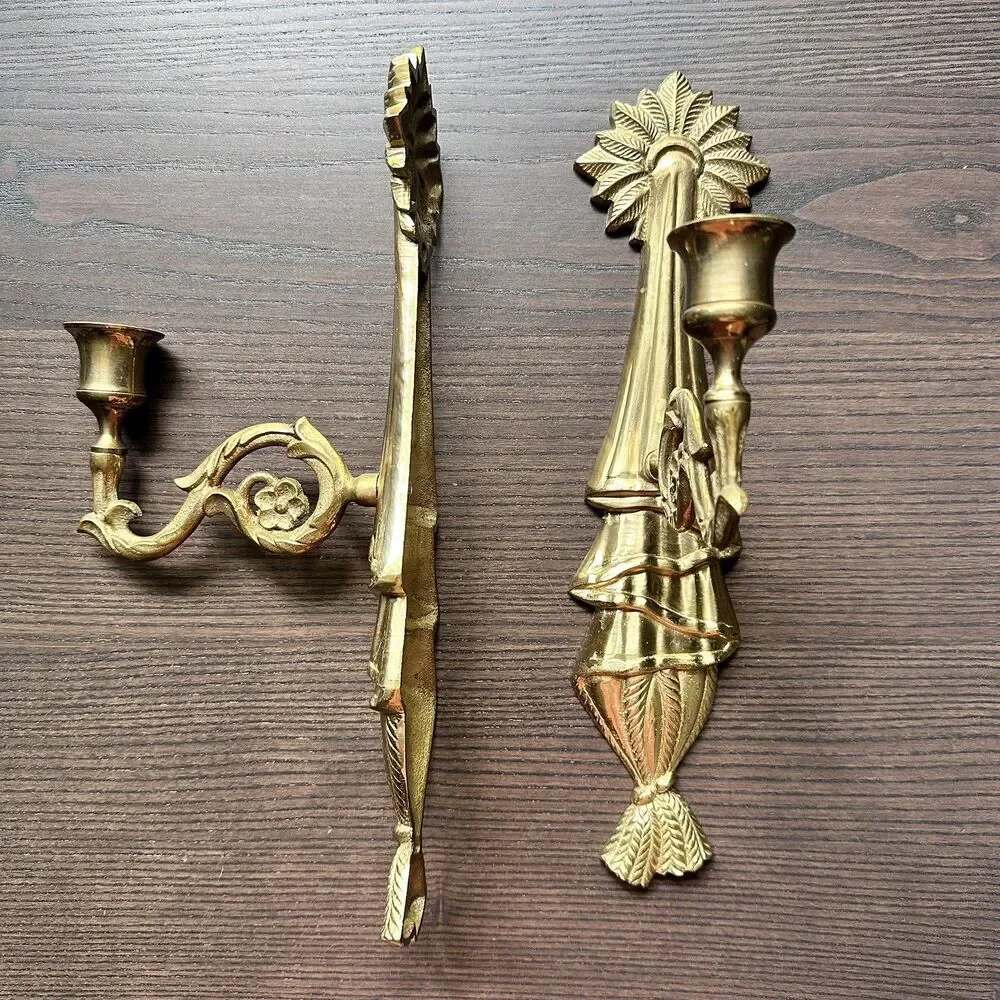 Vintage-2 x Brass Wall Sconces 12” Candle Ornate Holders Swivel Arm Made India